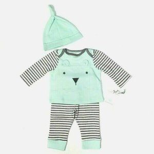 Cloud Island 3-PC Baby Outfit Sz 0-3M Mint Green Gray Shirt Pants Hat neutral
